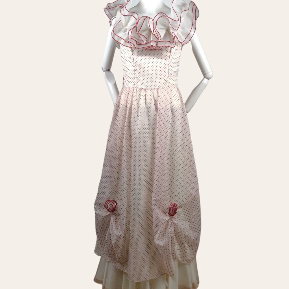 Vintage 1970s 80s Red Polka Dot Gown Full Skirt Ruffles Princess Core Prom Dress